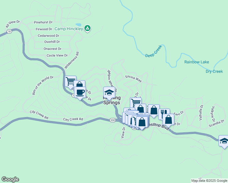 map of restaurants, bars, coffee shops, grocery stores, and more near 31867 Wagon Wheel Drive in Running Springs