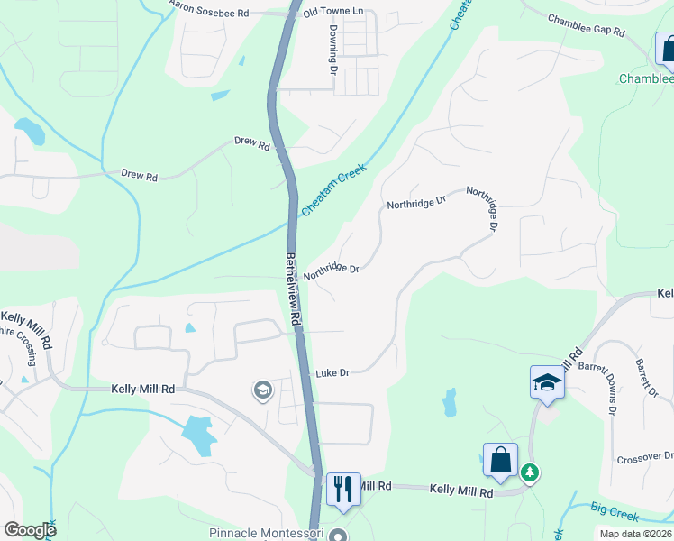 map of restaurants, bars, coffee shops, grocery stores, and more near 3920 Northridge Drive in Cumming
