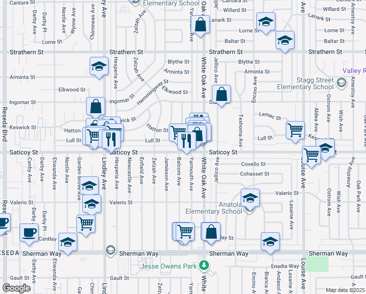 map of restaurants, bars, coffee shops, grocery stores, and more near 17800 Lull Street in Los Angeles