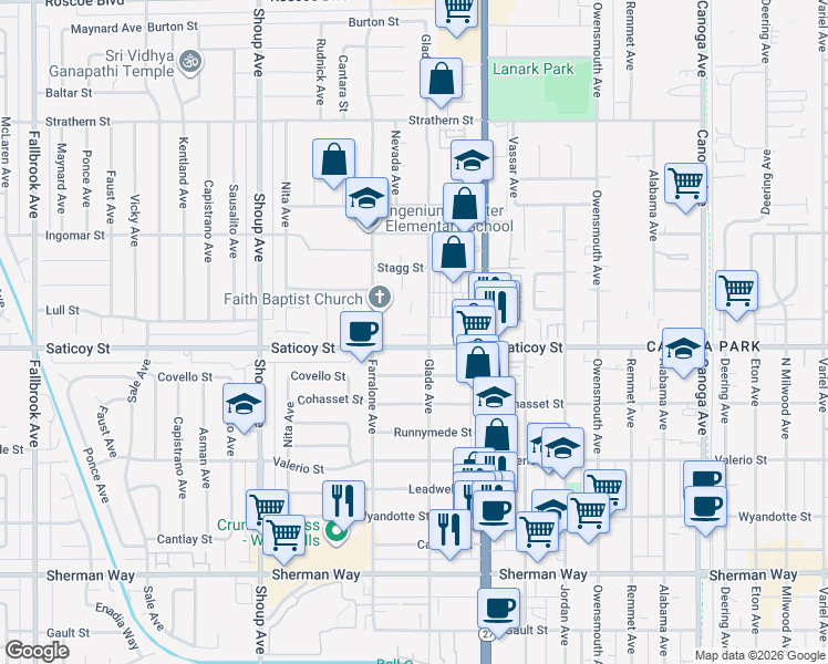 map of restaurants, bars, coffee shops, grocery stores, and more near 7615 Glade Avenue in Los Angeles