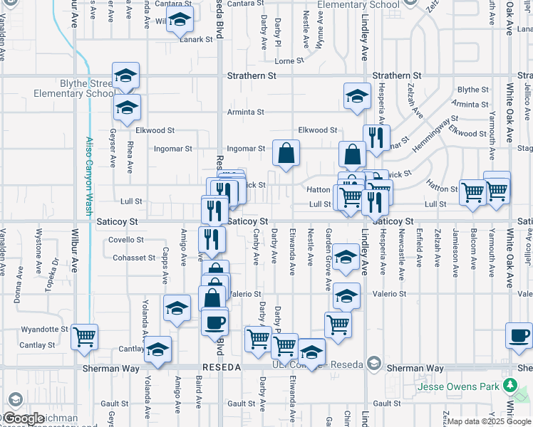 map of restaurants, bars, coffee shops, grocery stores, and more near 18347 Saticoy Street in Los Angeles