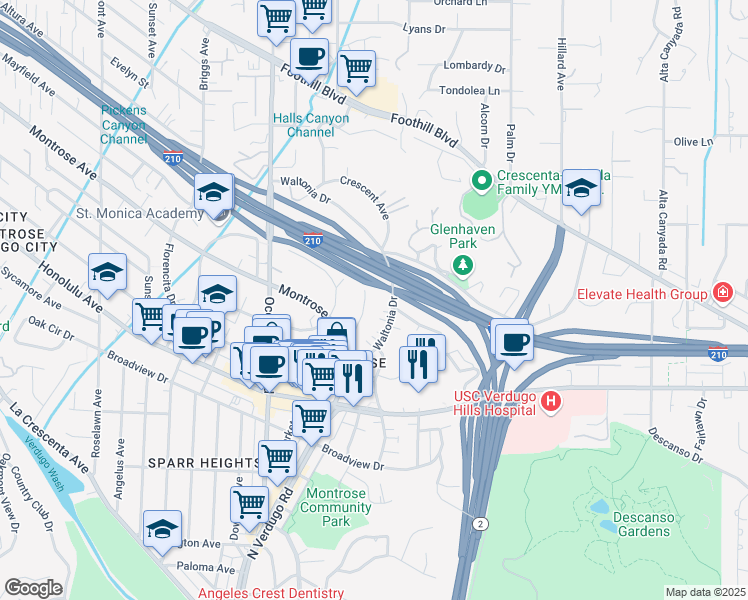 map of restaurants, bars, coffee shops, grocery stores, and more near 2155 Glenada Avenue in La Crescenta-Montrose