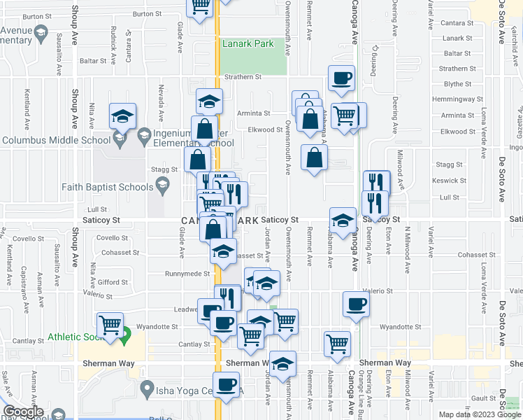 map of restaurants, bars, coffee shops, grocery stores, and more near 21815 Saticoy Street in Los Angeles
