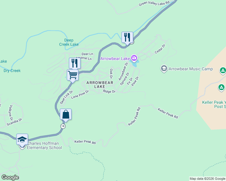map of restaurants, bars, coffee shops, grocery stores, and more near 33101 Arrowbear Drive in Running Springs