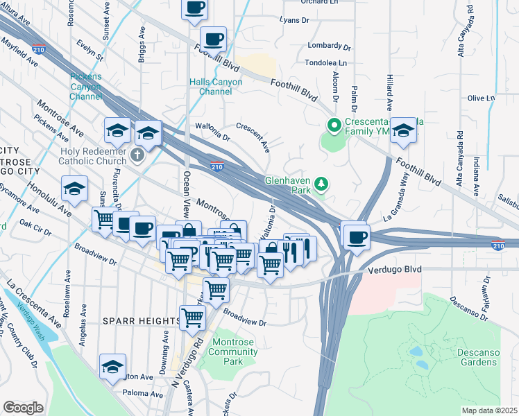 map of restaurants, bars, coffee shops, grocery stores, and more near 2160 Glenada Avenue in La Crescenta-Montrose