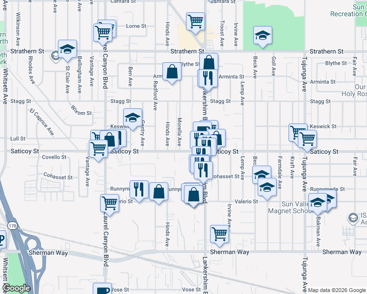 map of restaurants, bars, coffee shops, grocery stores, and more near 11727 Saticoy Street in Los Angeles