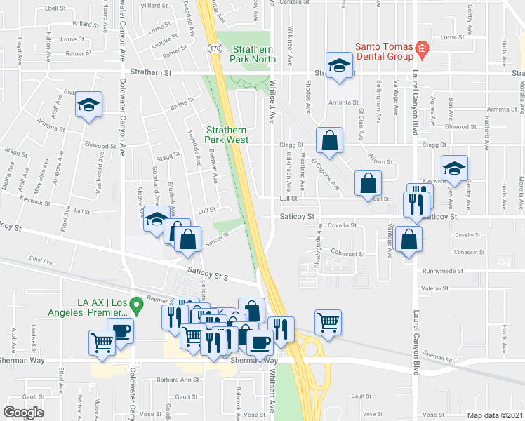 map of restaurants, bars, coffee shops, grocery stores, and more near 7609 Whitsett Avenue in Los Angeles