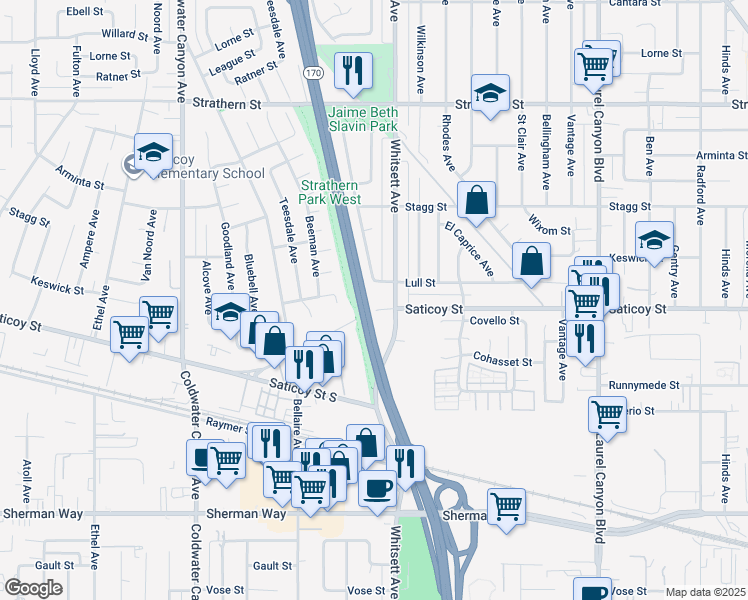 map of restaurants, bars, coffee shops, grocery stores, and more near 7609 Whitsett Avenue in Los Angeles