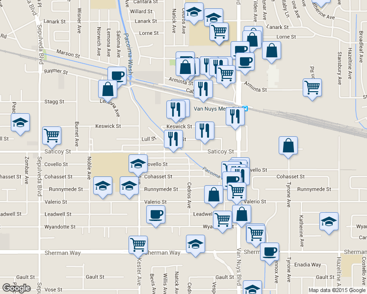 map of restaurants, bars, coffee shops, grocery stores, and more near 14710 Lull Street in Los Angeles