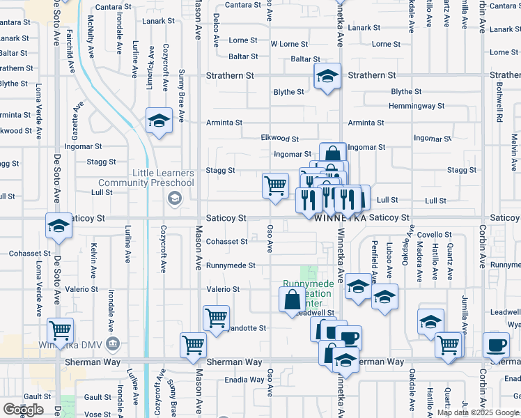 map of restaurants, bars, coffee shops, grocery stores, and more near 20327 Saticoy Street in Los Angeles