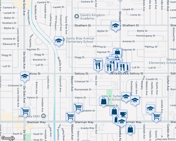 map of restaurants, bars, coffee shops, grocery stores, and more near 20327 Saticoy Street in Los Angeles