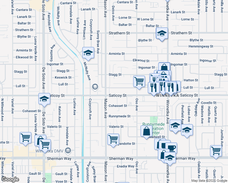 map of restaurants, bars, coffee shops, grocery stores, and more near 20415 Saticoy Street in Los Angeles