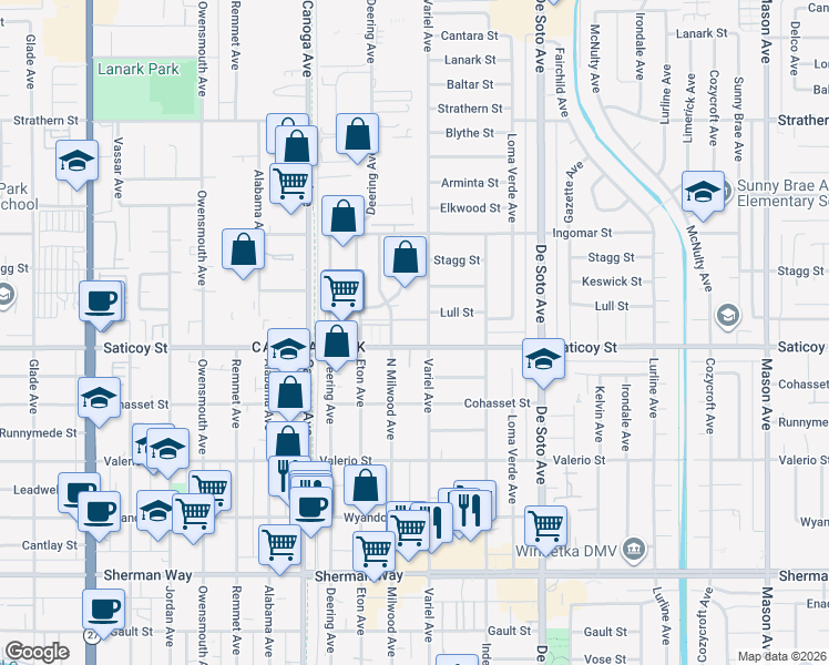 map of restaurants, bars, coffee shops, grocery stores, and more near 21101 Saticoy Street in Los Angeles