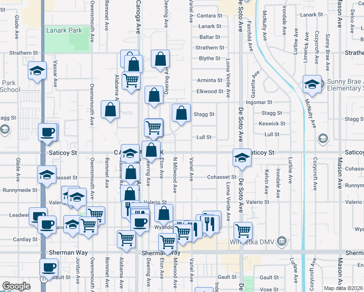 map of restaurants, bars, coffee shops, grocery stores, and more near 21101 Saticoy Street in Los Angeles