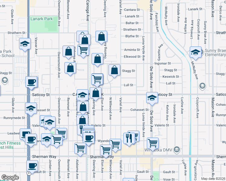map of restaurants, bars, coffee shops, grocery stores, and more near 21205 Saticoy Street in Los Angeles