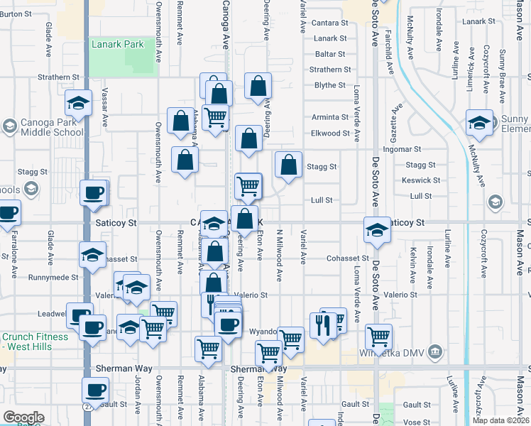 map of restaurants, bars, coffee shops, grocery stores, and more near 21205 Saticoy Street in Los Angeles