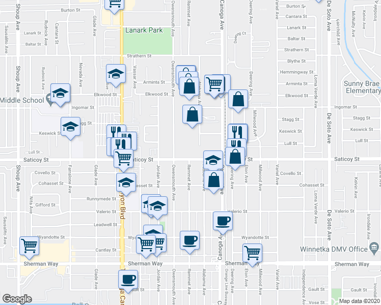 map of restaurants, bars, coffee shops, grocery stores, and more near 7628 Owensmouth Avenue in Los Angeles