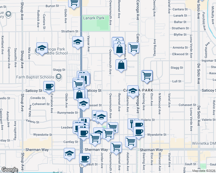 map of restaurants, bars, coffee shops, grocery stores, and more near 21707 Saticoy Street in Los Angeles