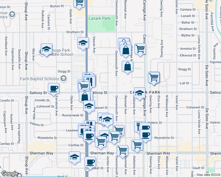 map of restaurants, bars, coffee shops, grocery stores, and more near 21707 Saticoy Street in Los Angeles