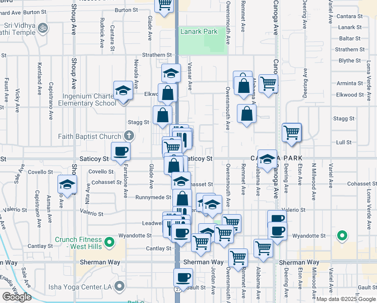 map of restaurants, bars, coffee shops, grocery stores, and more near 21915 Saticoy Street in Los Angeles