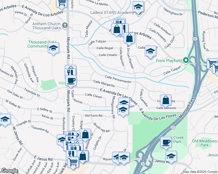 map of restaurants, bars, coffee shops, grocery stores, and more near 916 Calle Margarita in Thousand Oaks
