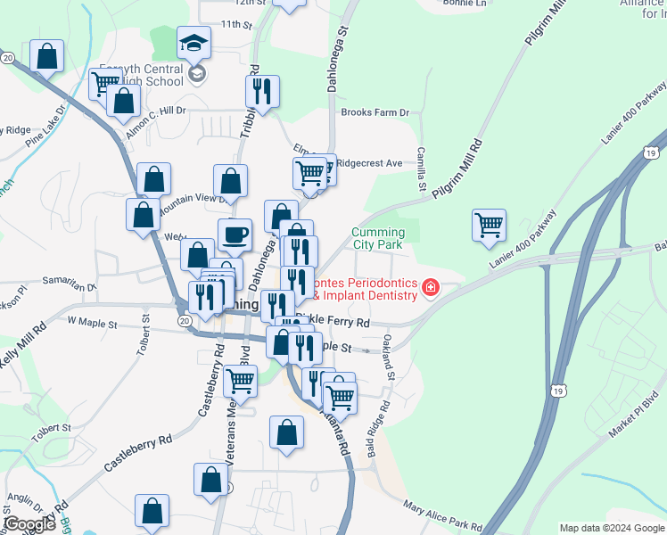 map of restaurants, bars, coffee shops, grocery stores, and more near 307 Pilgrim Mill Road in Cumming
