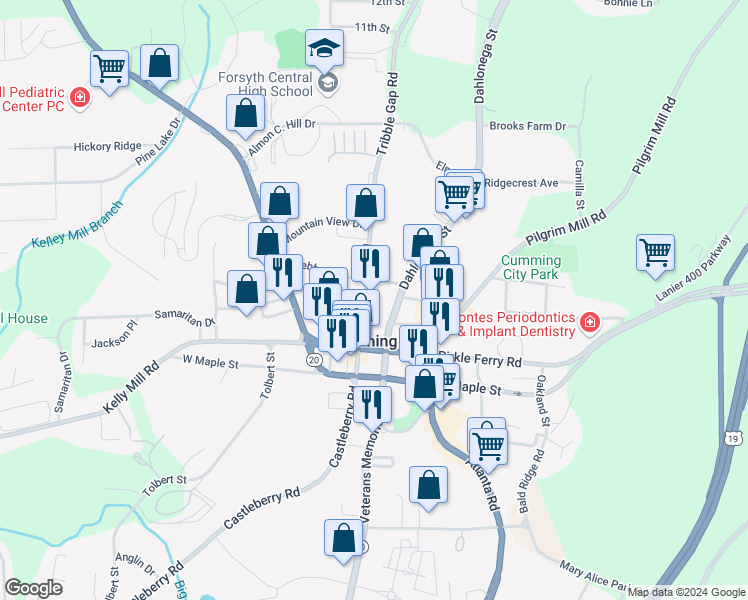 map of restaurants, bars, coffee shops, grocery stores, and more near 125 Tribble Gap Road in Cumming
