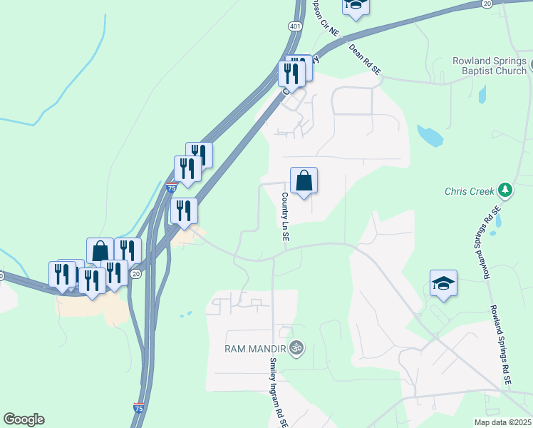 map of restaurants, bars, coffee shops, grocery stores, and more near 17 Rock Crest Circle Southeast in Cartersville