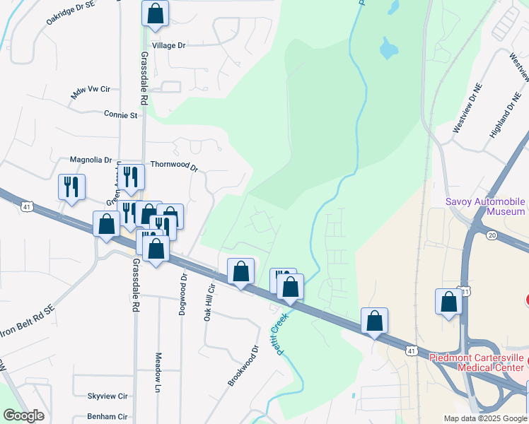 map of restaurants, bars, coffee shops, grocery stores, and more near 72 Massell Drive Southeast in Cartersville