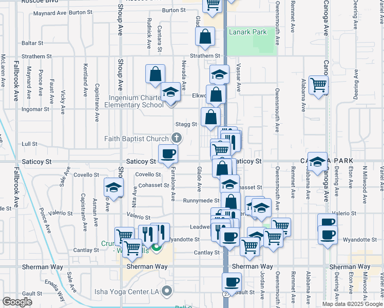 map of restaurants, bars, coffee shops, grocery stores, and more near 7615 Glade Avenue in Los Angeles