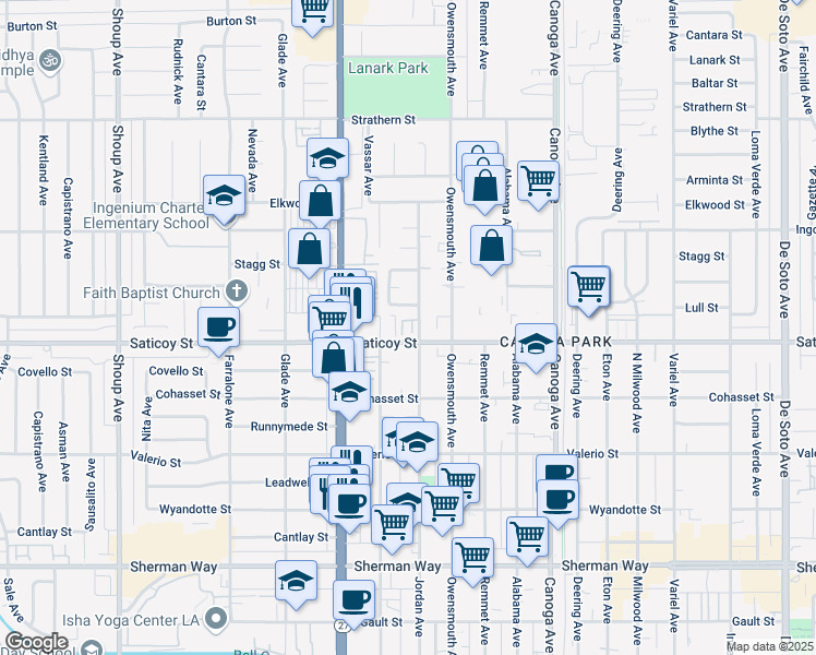 map of restaurants, bars, coffee shops, grocery stores, and more near 7625 Jordan Avenue in Los Angeles