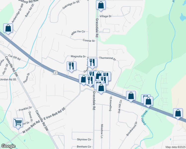 map of restaurants, bars, coffee shops, grocery stores, and more near 412 Grassdale Rd in Cartersville