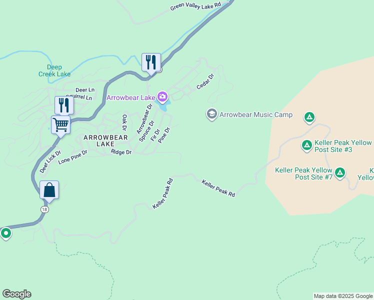 map of restaurants, bars, coffee shops, grocery stores, and more near Arrowbear Drive in San Bernardino County
