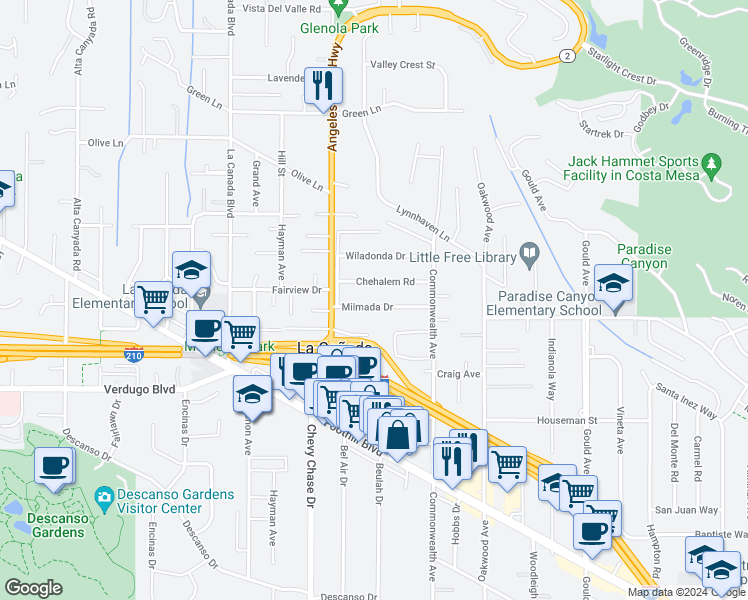 map of restaurants, bars, coffee shops, grocery stores, and more near 911 Milmada Drive in La Cañada Flintridge