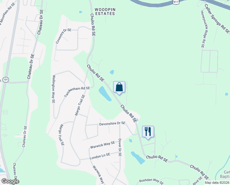 map of restaurants, bars, coffee shops, grocery stores, and more near 553 Chulio Road Southeast in Rome