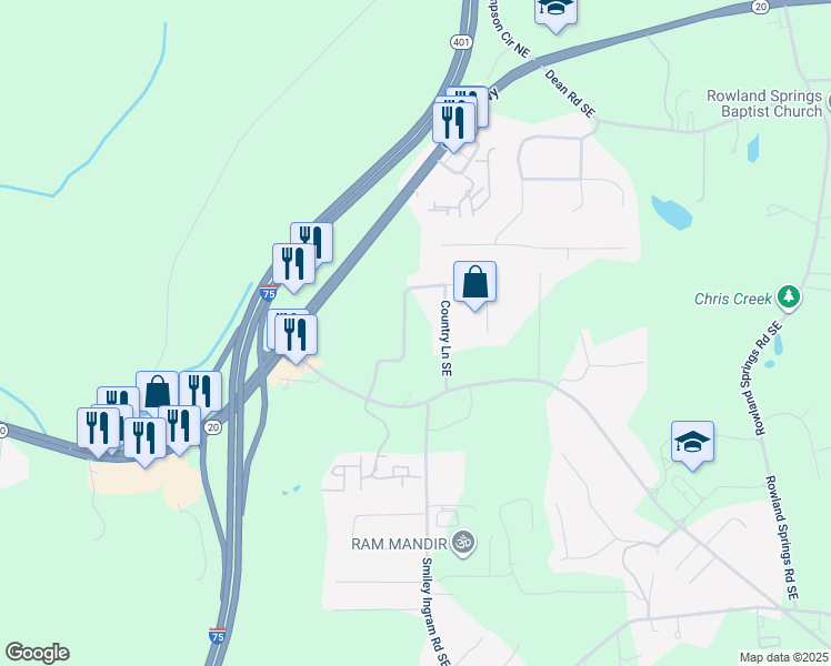 map of restaurants, bars, coffee shops, grocery stores, and more near 17 Rock Crest Circle Southeast in Cartersville