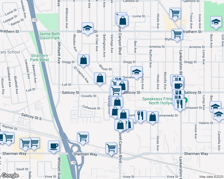 map of restaurants, bars, coffee shops, grocery stores, and more near 7608 Ani Way in Los Angeles
