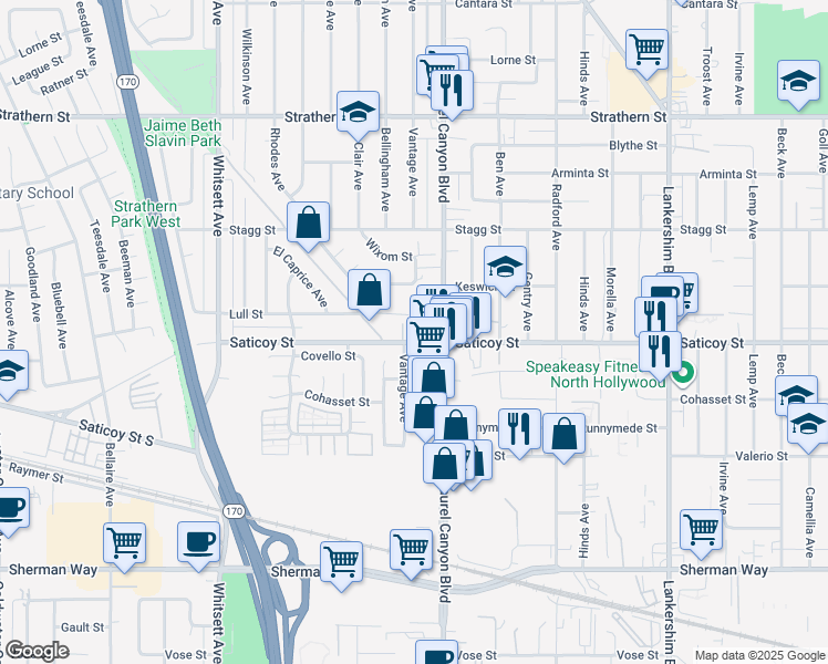 map of restaurants, bars, coffee shops, grocery stores, and more near 7608 Ani Way in Los Angeles