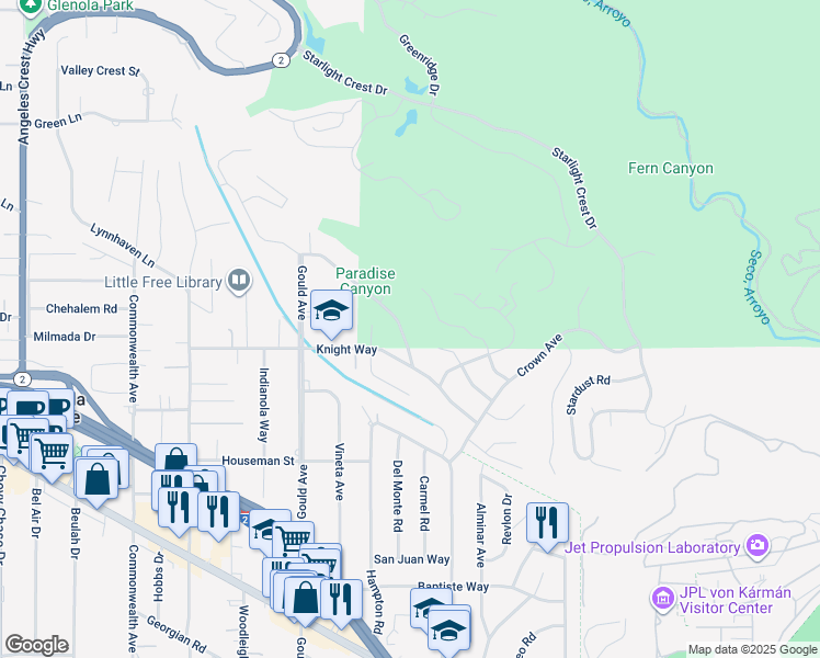 map of restaurants, bars, coffee shops, grocery stores, and more near 435 Paulette Place in La Cañada Flintridge