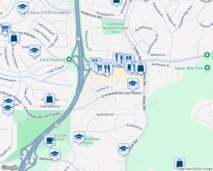 map of restaurants, bars, coffee shops, grocery stores, and more near 2196 Dawn Court in Thousand Oaks