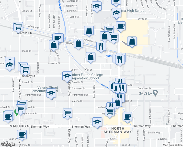 map of restaurants, bars, coffee shops, grocery stores, and more near 14715 Saticoy Street in Los Angeles