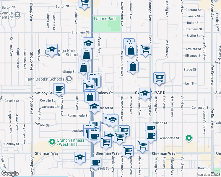 map of restaurants, bars, coffee shops, grocery stores, and more near 21815 Saticoy Street in Los Angeles