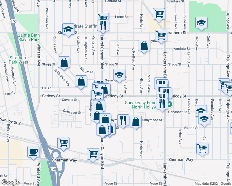 map of restaurants, bars, coffee shops, grocery stores, and more near 7607 Ben Avenue in Los Angeles