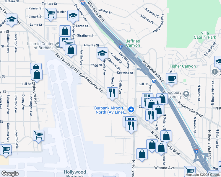 map of restaurants, bars, coffee shops, grocery stores, and more near 7601 Greg Avenue in Los Angeles