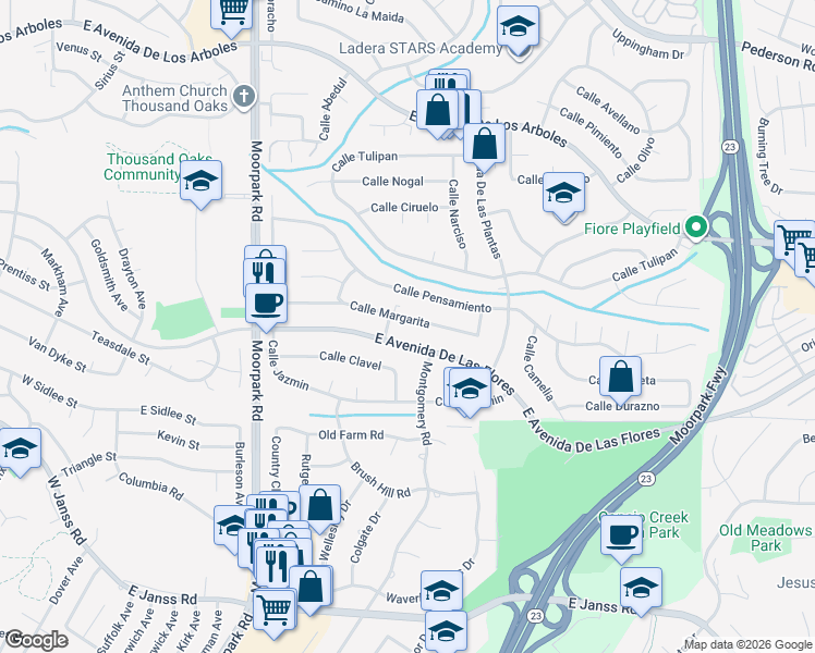 map of restaurants, bars, coffee shops, grocery stores, and more near 916 Calle Margarita in Thousand Oaks