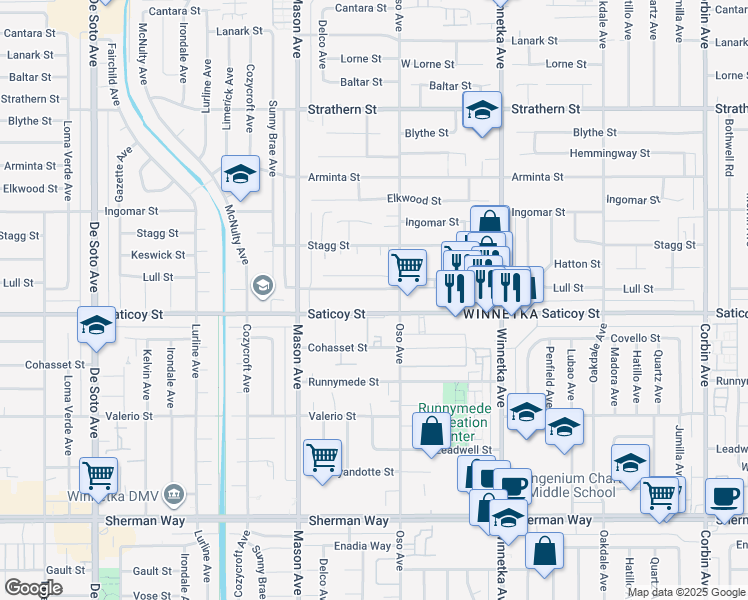 map of restaurants, bars, coffee shops, grocery stores, and more near 20327 Saticoy Street in Los Angeles