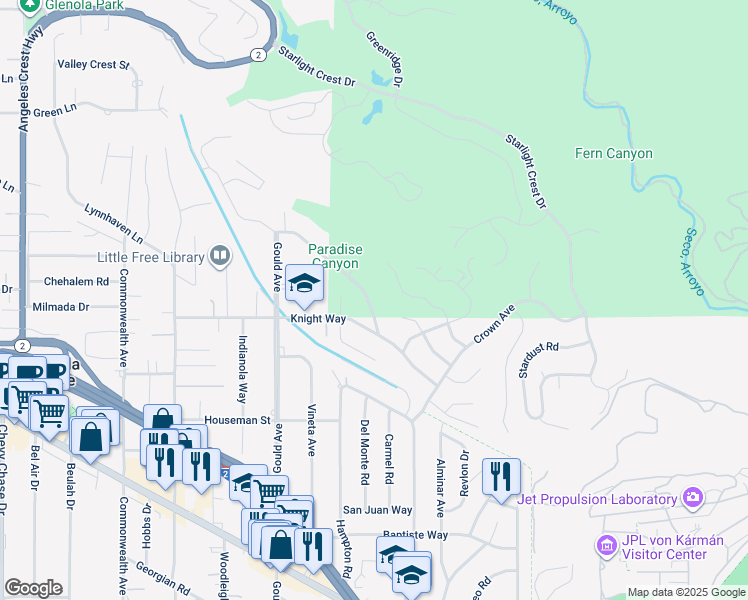 map of restaurants, bars, coffee shops, grocery stores, and more near 435 Paulette Place in La Cañada Flintridge