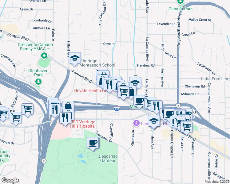 map of restaurants, bars, coffee shops, grocery stores, and more near 1419 Foothill Boulevard in La Cañada Flintridge