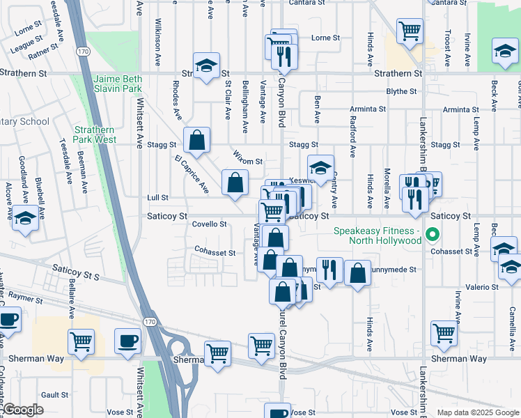 map of restaurants, bars, coffee shops, grocery stores, and more near 12147 Saticoy Street in Los Angeles
