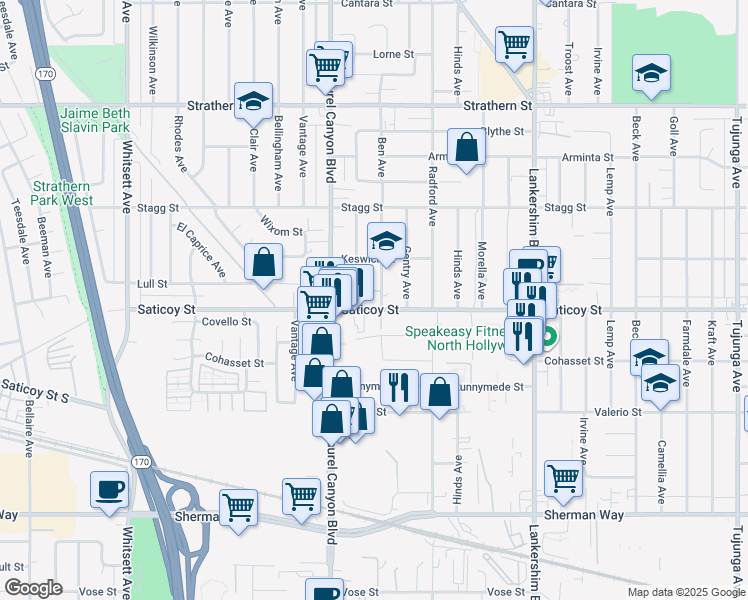 map of restaurants, bars, coffee shops, grocery stores, and more near 7607 Ben Avenue in Los Angeles